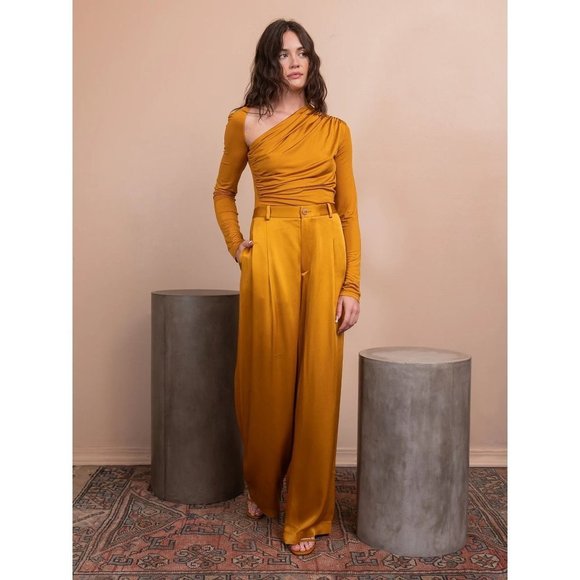 LAPOINTE Satin Pleated Pants in Yellow 2 Womens Wide Leg Trousers - Picture 15 of 15